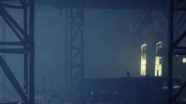 A building structure stands in an urban area surrounded by fog during the late evening. Lights from nearby windows reflect in the mist, creating an eerie atmosphere.