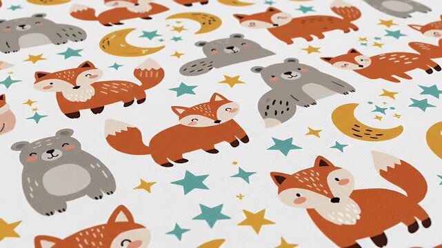 Seamless cartoon pattern with cute foxes, bears, and moons, children's textile design, playful animals and stars