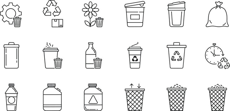 Recycling and waste management line icons set featuring trash bins bottles plastic containers and ecological garbage symbols