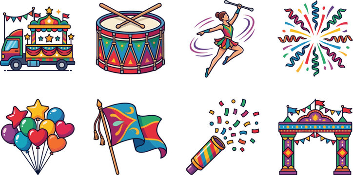 Festive Parade and Carnival Celebration Icon Set - Balloons Drum Confetti Vector Illustration Collection