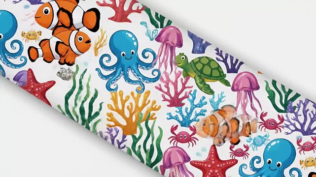 seamless ocean pattern with colorful cartoon sea creatures and coral, playful underwater scene