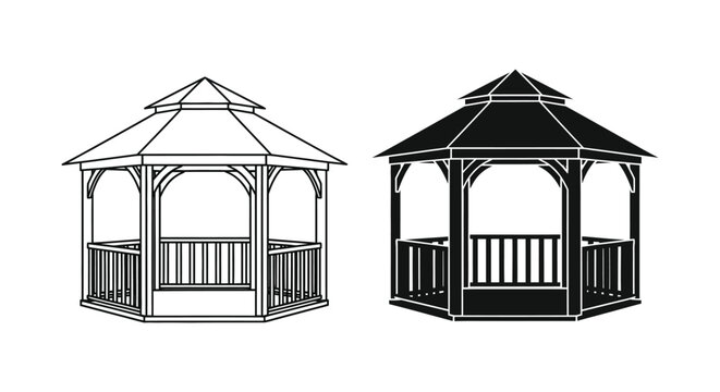 Gazebo Structure Depicted In Black And White Silhouette garden pavilion outdoor