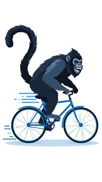 Pixel art animation of a joyful chimpanzee riding a blue bicycle with motion blur effect, cartoon style
