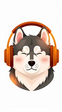 Cute husky dog wearing headphones, enjoying music with eyes closed, cartoon style illustration