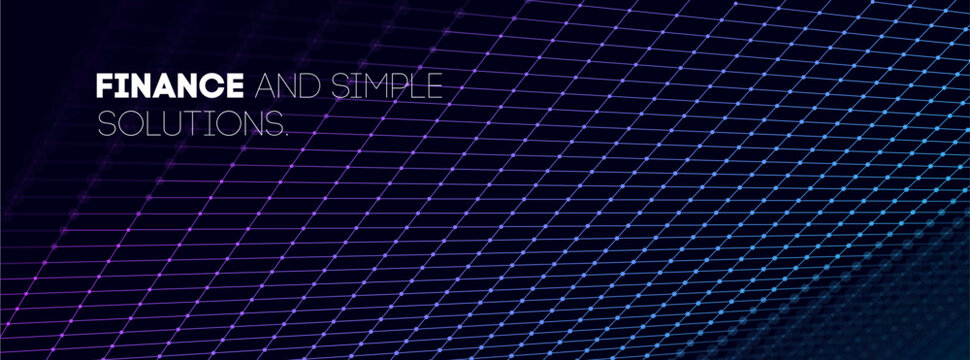Tech neon grid background futuristic blue purple wireframe floor. Digital space abstract retro arcade game vr hud. Lines cyberpunk 3d perspective mesh with glowing dots.