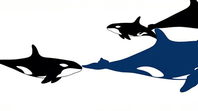 Orca whales and one blue whale swimming, marine life illustration, ocean animals, underwater scene
