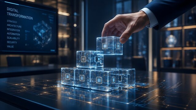 Business Executive Hand Assembling Futuristic Digital Cubes For Corporate Digital Transformation Strategy And Technology Automation