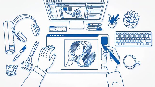 Doodle animation of hands drawing on tablet, digital art creation, design process, workspace setup, creative workflow, technology, remote work, desktop view