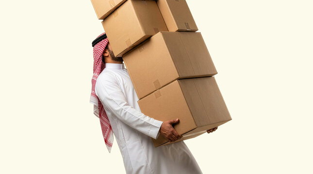 A Saudi man wearing a traditional thobe and shemagh carries a towering stack of cardboard boxes, representing parcel delivery, logistics, e-commerce, moving services, and warehouse operations.