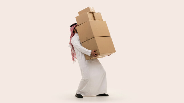 A Saudi man wearing a traditional thobe and shemagh carries a towering stack of cardboard boxes, representing parcel delivery, logistics, e-commerce, moving services, and warehouse operations.
