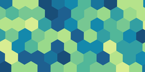 Fototapeta premium Seamless abstract geometric hexagon pattern background with green, blue, and yellow mosaic grid cells, tiles pattern texture backdrop for web banner graphic design hexagonal grid in colors background.