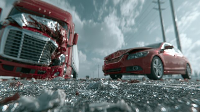 A red truck and a red car are damaged in a collision on a road under a cloudy sky.