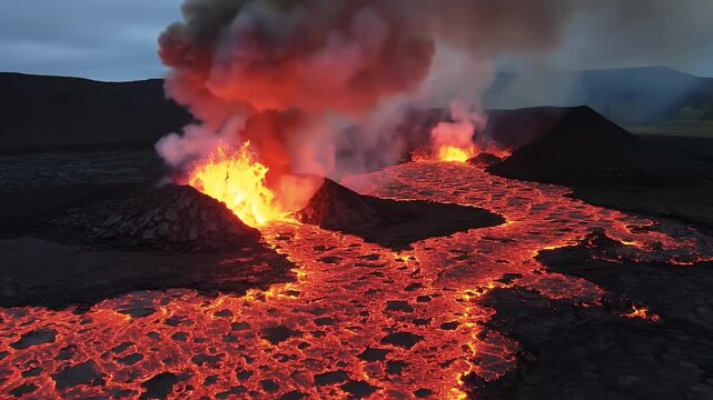 Active volcano eruption with flowing lava and smoke plumes against a dark sky, natural disaster footage