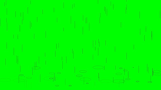 Stylized 2D Black Rain Droplets and Ripple Effects on a Green Screen Background for Compositing, Chroma Key, and Motion Graphics Overlay