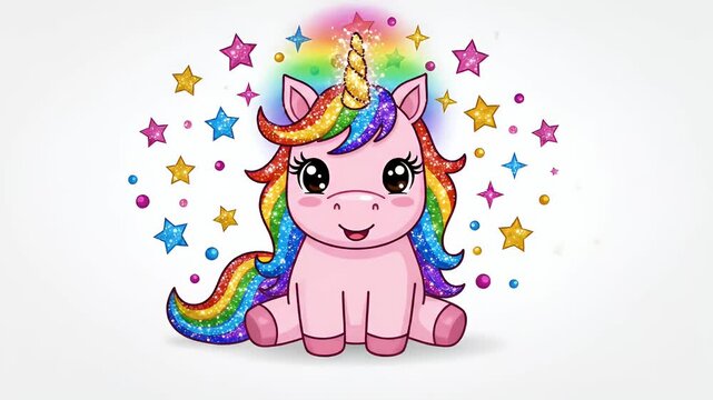 Cute pink unicorn with rainbow mane and tail, surrounded by colorful confetti and glitter stars, festive and magical celebration motion graphic