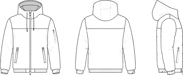 Technical fashion sketch of a men's sportswear hooded jacket design © Mst