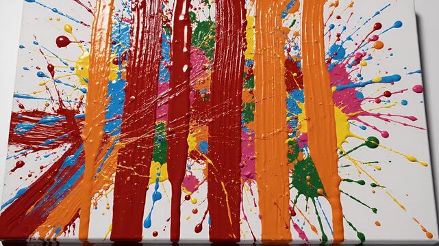 Abstract colorful paint drips and splatters on canvas motion graphic, dynamic fluid art, vibrant explosion effect
