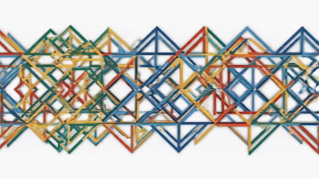 Colorful geometric abstract pattern with overlapping squares and triangles, motion graphic loop with distressed texture