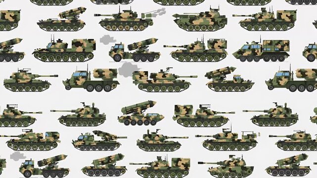 Pixel art pattern military vehicles, tanks, and artillery with camouflage, war machines and defense elements, seamless motion graphic loop