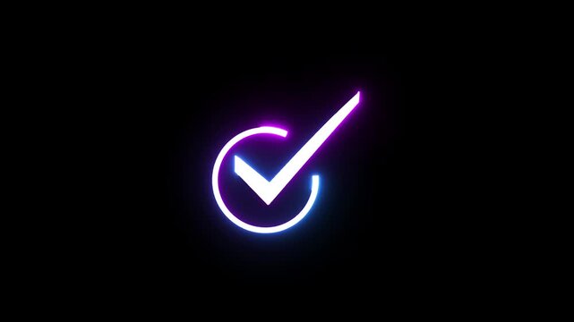 Neon checkmark sign motion background, glowing symbol indicates agreement, success or validation.