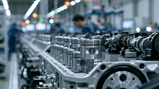 Medium shot of an inlinefour engine assembly line with technicians installing pistons and camshafts in a hightech manufacturing facility.