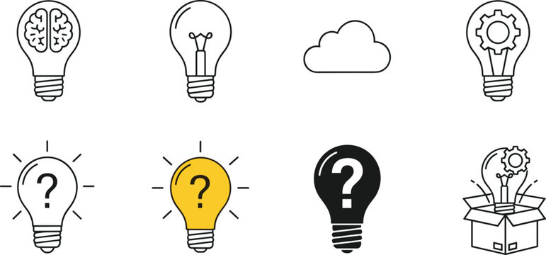 Creative thinking business idea and problem solving icon set featuring lightbulbs question marks cloud and brain symbols