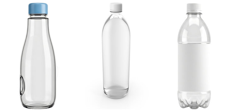 Three different types of empty clear plastic and glass bottles with caps, isolated on white background