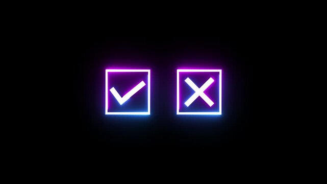 Neon check mark and cross glowing in squares motion graphics with black background.