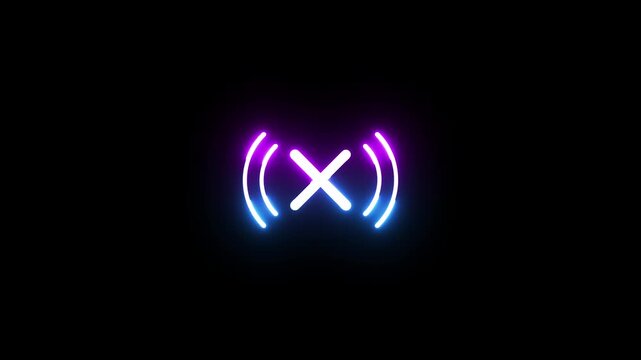 Neon glowing x sign with signal waves pulsing on dark black background motion animation.
