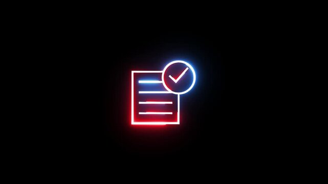Neon document with checkmark glowing on black background motion graphics.