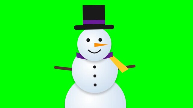 Cute Cartoon Snowman with Top Hat and Scarf Isolated on Green Screen Background for Chroma Key, Winter Holiday and Christmas Vector Illustration