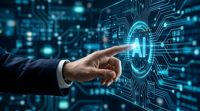 Human hand touching glowing artificial intelligence digital interface concept