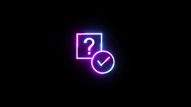 Neon question mark and check box icon glowing with purple and blue light on black surface.