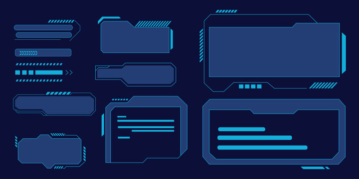 Sci-fi HUD UI panels set with blue digital cyberpunk screen layouts. Vector illustration of abstract futuristic technology information box collection, modern gaming interface dashboard template.