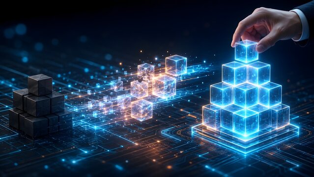 Digital Migration And Hardware Evolution Concept Hand Transferring Data To Futuristic Glowing Cubes