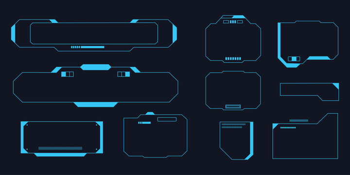 Sci-fi HUD UI frames set with blue futuristic digital screen overlays. Vector illustration of abstract cyberpunk technology information panel collection, modern gaming interface dashboard template.