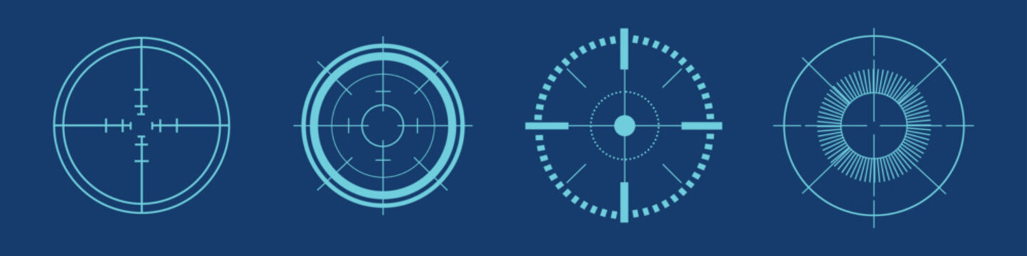 Futuristic crosshairs target set with blue digital radar line sights. Vector illustration of abstract tech sniper aim focus circle collection, modern HUD gaming viewfinder interface template.