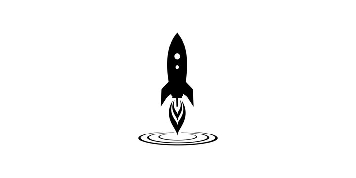 A minimalist black silhouette of a rocket launching upwards with visible exhaust flames against a white background high quality