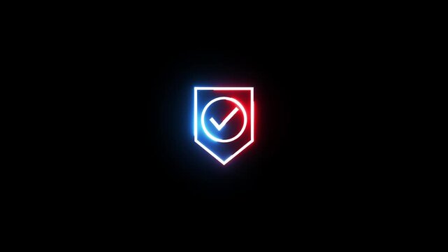Neon shield icon with checkmark glowing in blue and red colors spinning on black background.