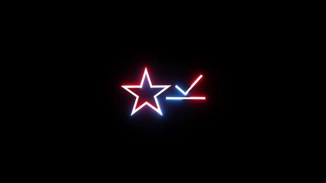 Neon glow effect moving around star symbol with statistics and check mark icon on black background.