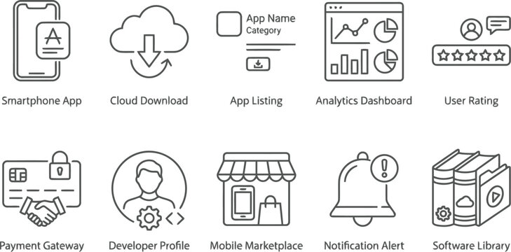 Outline Icons for Mobile App Development, Analytics, and E commerce