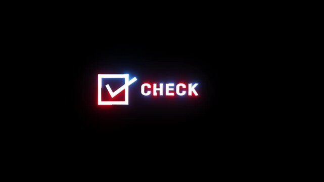 Neon check mark symbol glowing inside square box with text for digital interface design.