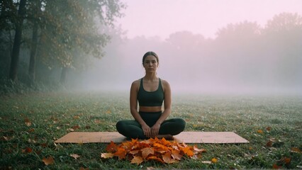 Fototapeta premium Woman practicing yoga in autumn park. Female meditating on mat during fall season morning mist.