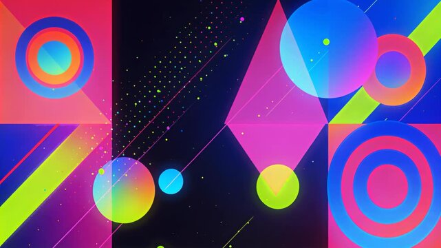 Neon geometric pattern creating a retro aesthetic with circles triangles and lines Synthwave style shapes glowing in the dark.