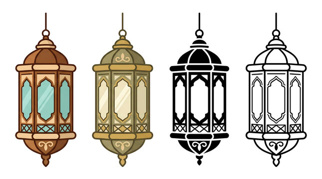 Islamic lantern icon collection. Ramadan hanging lantern illustration. Transparent festive decoration element. Clean vector design