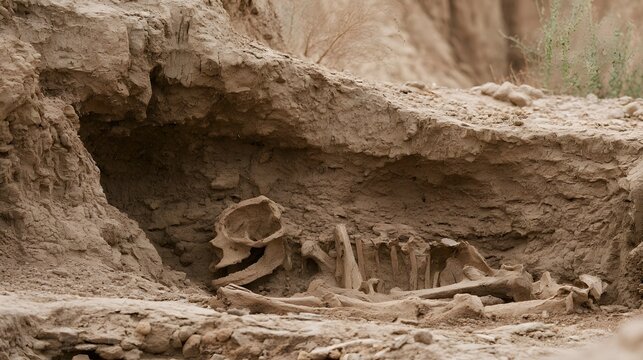 An ancient fossilized animal skeleton partially exposed in layered sandy soil within an arid desert excavation site