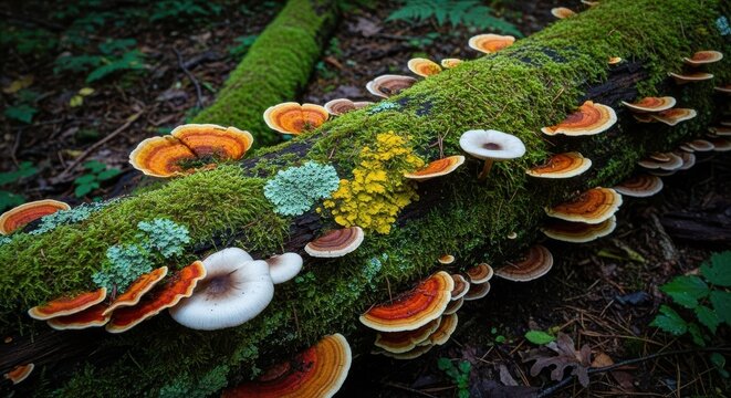 Colorful Fungi and Lichen on Mossy Forest Log