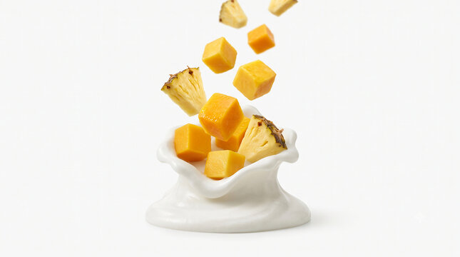Distant shot of 5 to 10 pieces of mango and pineapple falling into thick coconut yogurt