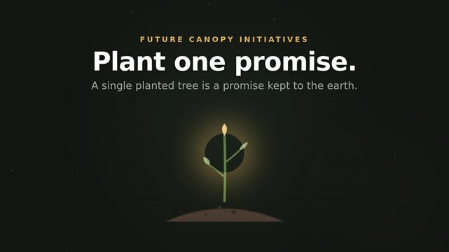 Hands planting sapling in soil. Soft warm glow. Plant one promise text