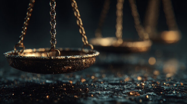 Balancing golden scales of justice in a dark courtroom setting with dramatic cinematic lighting